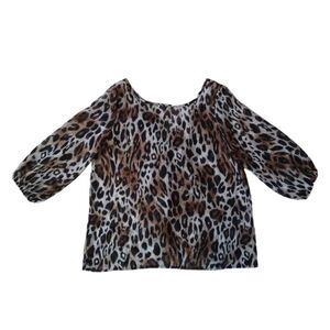 Brenda's Brown Black Leopard Animal Print Back Bow Sheer Blouse Women's Medium